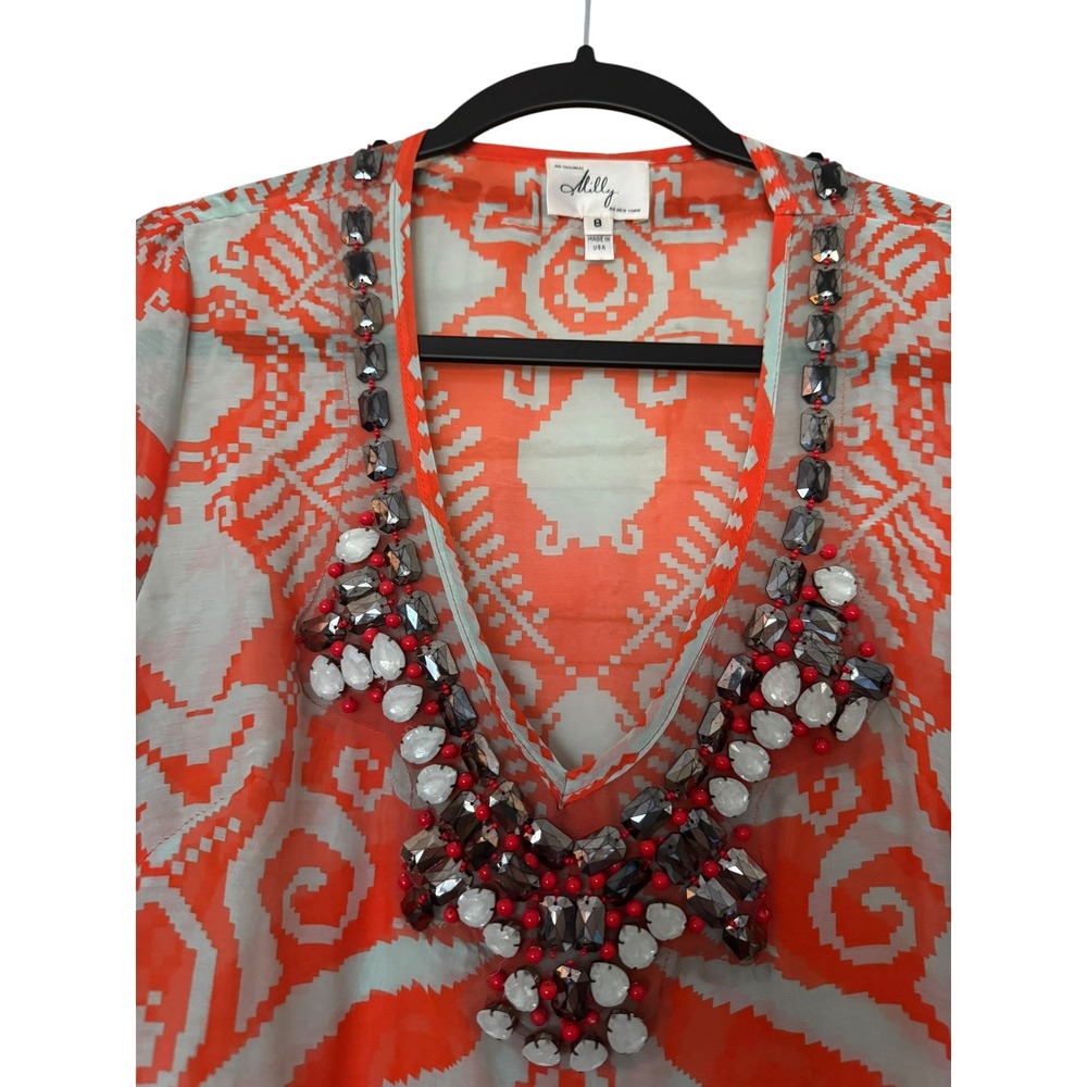 Milly of New York Orange Ikat SILK Blend Beaded V-Neck Tunic Blouse Size 8 Airy - Picture 8 of 10